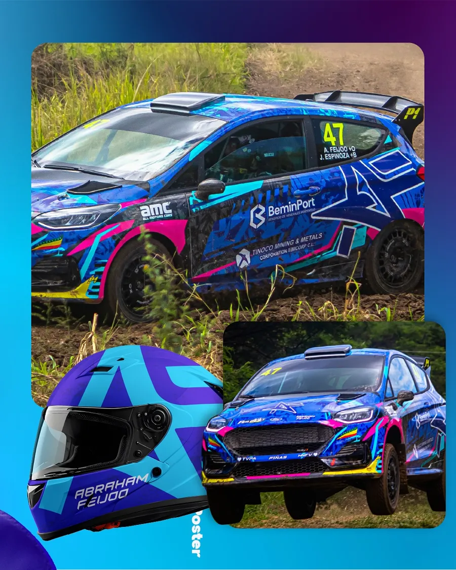 Casco y auto de rally · identidad de Abraham Feijó